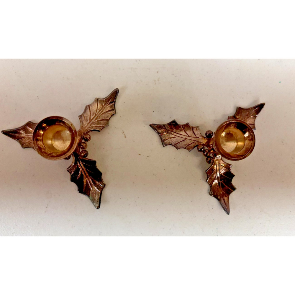 Restoration Hardware Christmas Holly Leaves & Berries‎ Candlesticks Silver Tone